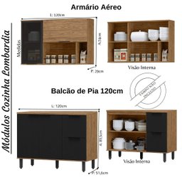 Cozinha Modulada Completa MDF 6 Peças Lombardia com Portas de Vidro - cor Freijó Nero - 2 Cozinha Modulada Completa MDF 6 Peças Lombardia com Portas de Vidro - cor Freijó Nero - 2