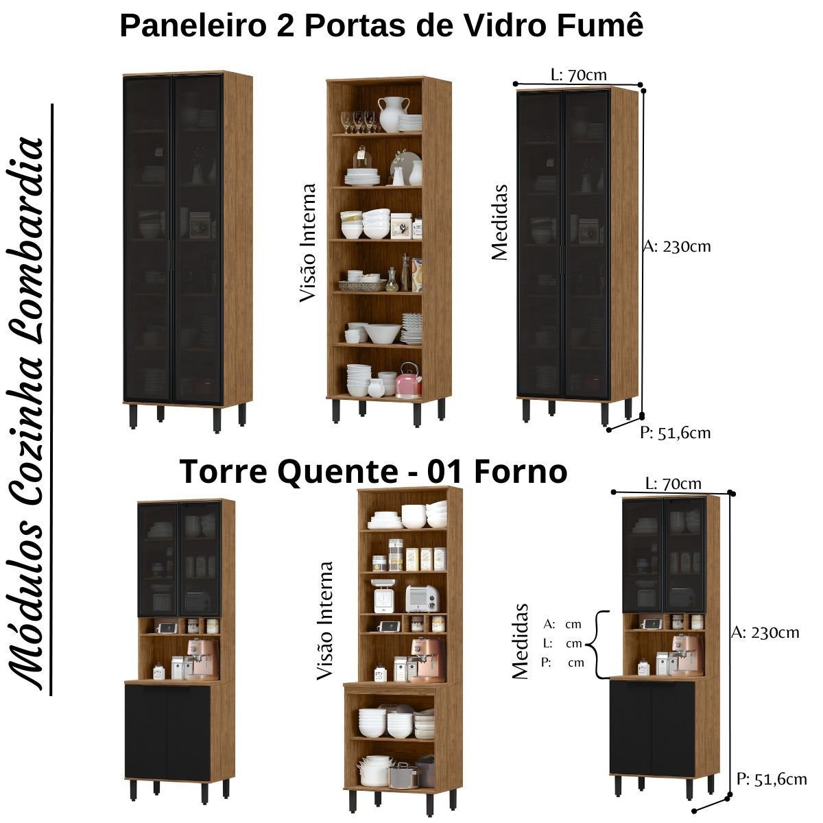 Cozinha Modulada Completa MDF 6 Peças Lombardia com Portas de Vidro - cor Freijó Nero - 4
