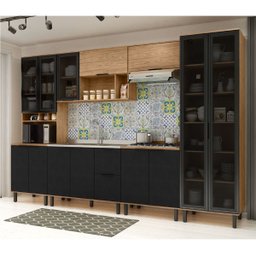 Cozinha Modulada Completa MDF 6 Peças Lombardia com Portas de Vidro - cor Freijó Nero - 9 Cozinha Modulada Completa MDF 6 Peças Lombardia com Portas de Vidro - cor Freijó Nero - 9