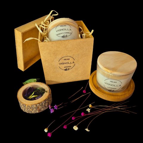 Vela 90 Gramas com Pote de Mdf para Presente Cera de Coco