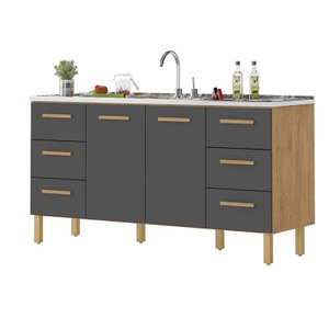 Balcão Belém para Pia 1,60m com Portas e Gavetas Amêndoa Grafite