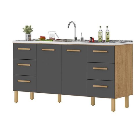 Balcão Belém para Pia 1,60m com Portas e Gavetas Amêndoa Grafite