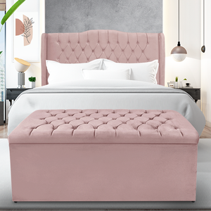 Kit Cabeceira e Calçadeira Baú Dubai Casal 140 Cm - Veludo Rose