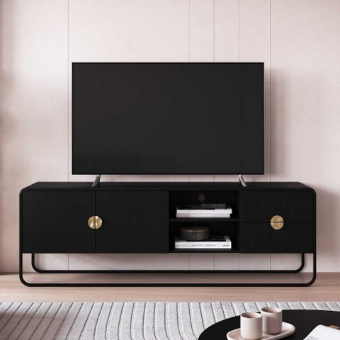 Rack Sala Orgânico 180cm 2 Portas 2 Gavetas e Pés em Metal Cor:nero com Preto