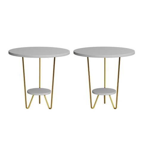 Kit 2 Mesas Laterais Redonda Industrial Italy Ferro Dourado e Tampo Branco