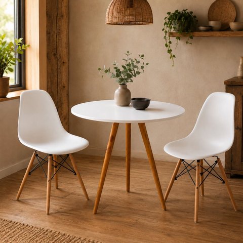 Conjunto Mesa de Jantar Redonda 70cm 2 Cadeiras Charles Eames Eiffel - Branco
