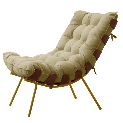 Poltrona Decorativa Sala Quarto Recepção Escritório  Costela Base Dourada Fixa Linho Bege