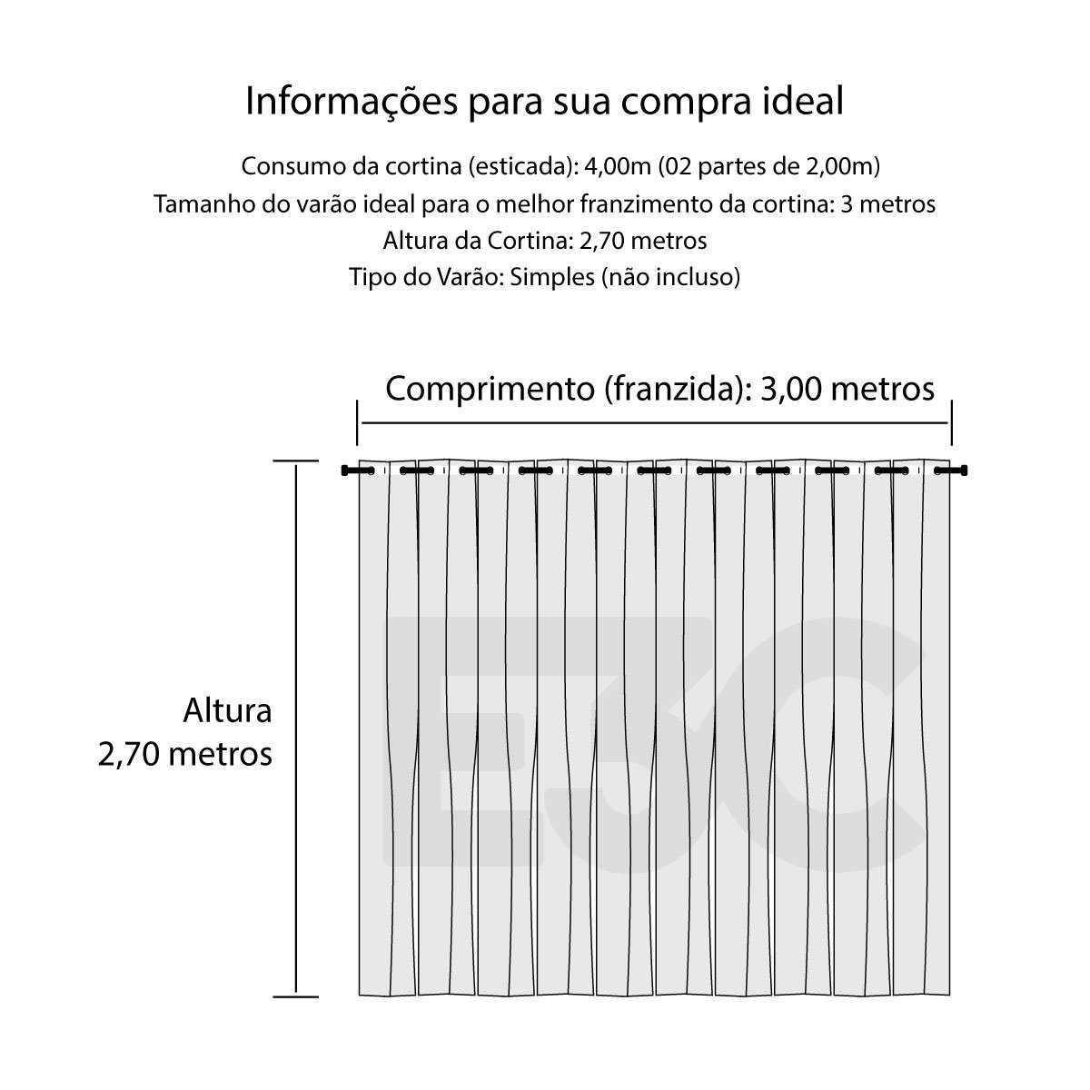 Cortina de Varão 4,00m x 2,70m Tecido Capri - Ideal para Varão Simples ...