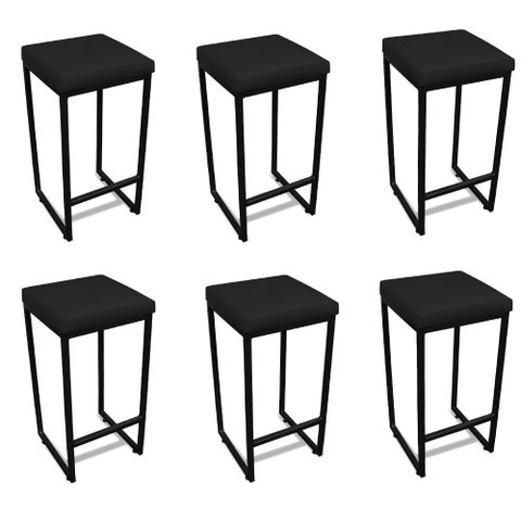Banqueta Alta para Cozinha Industrial Kit 6 Nick Preto e Sintético d03 - D’Rossi