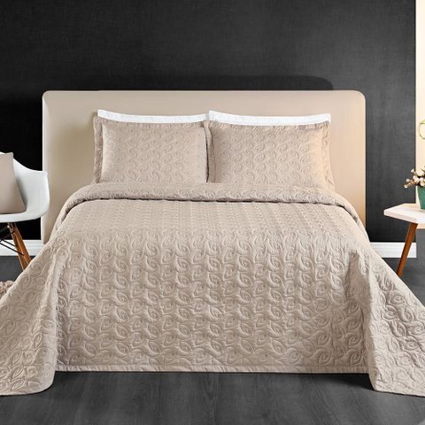 Kit Cobre Leito Colcha Tendência Casal 3 Peças Micropercal 200 Fios Bordado Premium - Cáqui