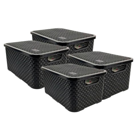 Kit 4 Cestos Organizadores Rattan de Plástico Resistente Médio Cesto Com Tampa Capacidade 8 Litros C