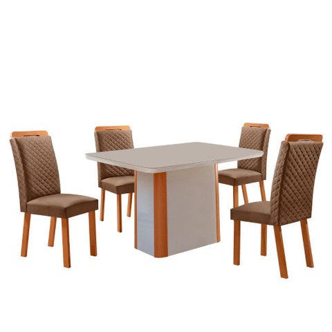 Mesa de Jantar Isadora 120cm Tampo MDF Vidro Canto Copo com 4 Cadeiras Lorena