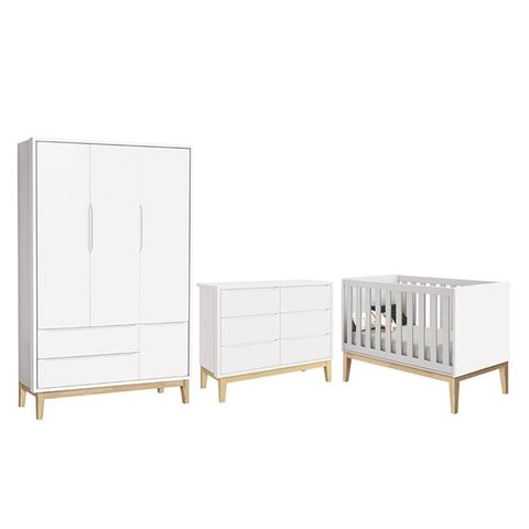 Dormitório Completo Infantil Classic 3 Portas, Cômoda 6 Gavetas e Berço Branco Fosco com Pés Madeira