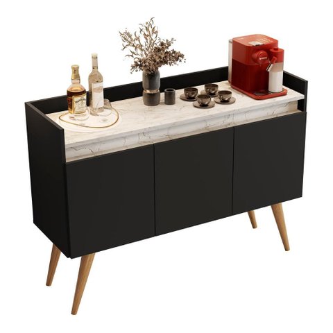 Aparador Buffet Gold Marmorizado 3 Portas Pés Madeira Maciça Preto/marmore Branco