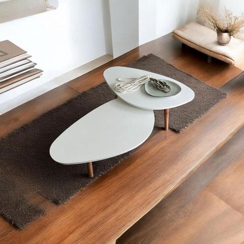 Kit 2 Mesas de Centro Orgânicas Pés Palito em Madeira Branco