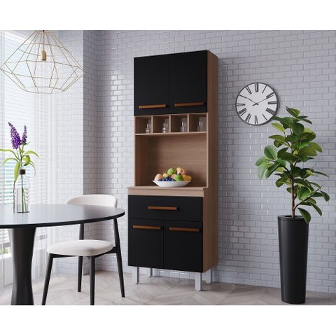 Paneleiro Vitória com Adega 4 Portas 1 Gaveta - Savana/preto Móblis