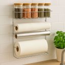 Ver imagem 2 de Suporte Porta Rolos Papel Toalha e 5 Potes Herméticos Para Tempero Vidro Tampa Bambu 90ml - Mundial 