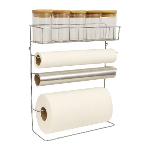 Suporte Porta Rolos Papel Toalha e 5 Potes Herméticos Para Tempero Vidro Tampa Bambu 90ml - Mundial 