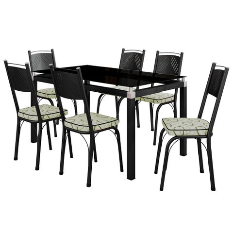 Conjunto De Mesa Malva Com 6 Cadeiras Tampo De Vidro 140cm SF Preto Fosco Assento Cedro Artefamol 12