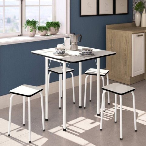 Conjunto de Cozinha Mesa Dobrável Asti 100 e 4 Banquetas Quadradas Branco