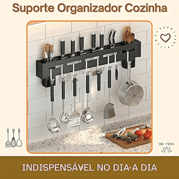 Suporte de Parede Organizador Talheres Utensílios Cozinha 8 Ganchos Ajustáveis Inox Preto Resistente - 5