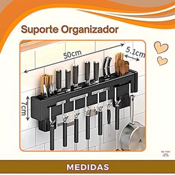 Suporte de Parede Organizador Talheres Utensílios Cozinha 8 Ganchos Ajustáveis Inox Preto Resistente - 2