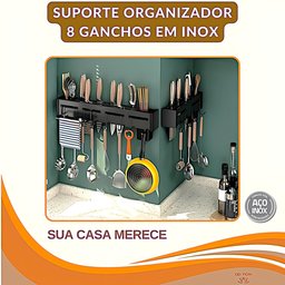 Suporte de Parede Organizador Talheres Utensílios Cozinha 8 Ganchos Ajustáveis Inox Preto Resistente - 7