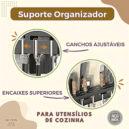 Suporte de Parede Organizador Talheres Utensílios Cozinha 8 Ganchos Ajustáveis Inox Preto Resistente - 4