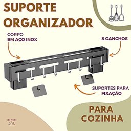 Suporte de Parede Organizador Talheres Utensílios Cozinha 8 Ganchos Ajustáveis Inox Preto Resistente - 8