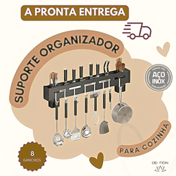 Suporte de Parede Organizador Talheres Utensílios Cozinha 8 Ganchos Ajustáveis Inox Preto Resistente - 6