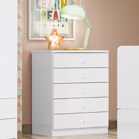 Cômoda Quarto Infantil 5 Gavetas - Bala de Menta - Branco