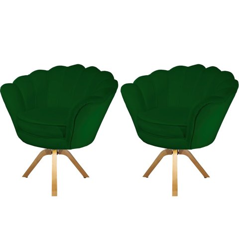Kit 2 Poltronas Decorativa Pétala Base Giratória Madeira Suede Verde Ms Decor