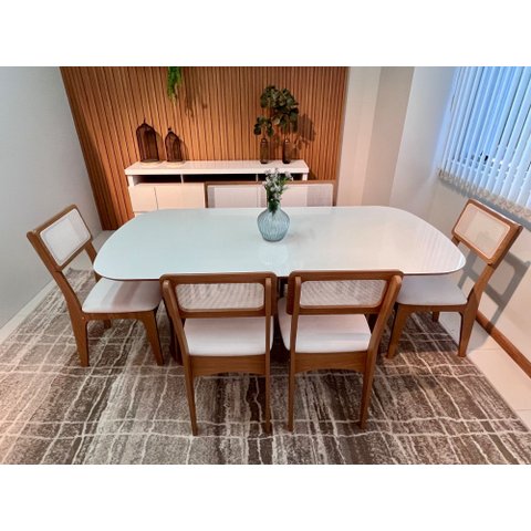 Kit Mesa Oval 6 Cadeiras de Jantar Tela no Encosto 100% Mdf Branco/bege Dalla Costa