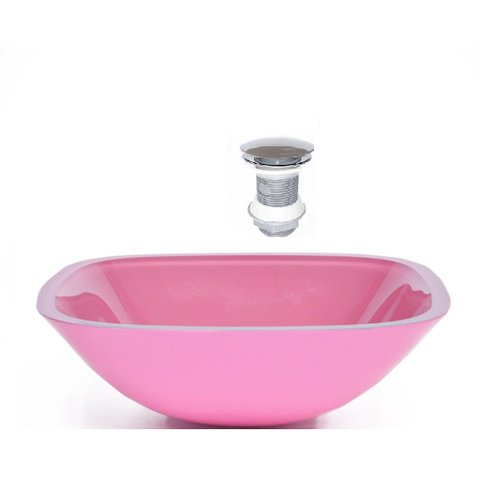 CUBA DE VIDRO QUADRADA 35CM ROSA + VALVULA CLICK