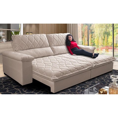 Sofá Retrátil e Reclinável 3,15m Molas Ensacadas Cama inBox Big Home Bordado 3D Linho Bege Claro