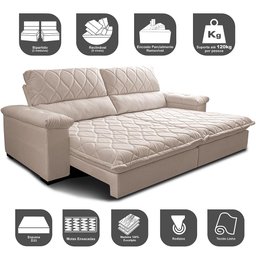 Sofá Retrátil e Reclinável 3,15m Molas Ensacadas Cama inBox Big Home Bordado 3D Linho Bege Claro - 3