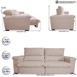 Sofá Retrátil e Reclinável 3,15m Molas Ensacadas Cama inBox Big Home Bordado 3D Linho Bege Claro - 2