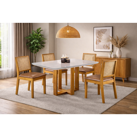 Conjunto Sala de Jantar 4 Lugares Espanha Mesa e Cadeiras Madeira Maciça Telinha Rattan e Courino