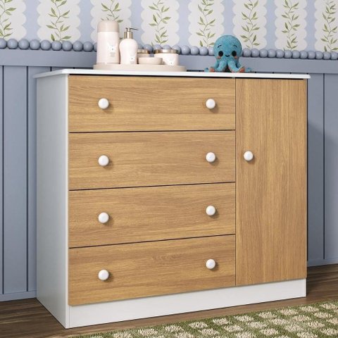 Cômoda Infantil 95cm 1 Porta e 4 Gavetas Encanto Multimóveis Mp4449 Branco/madeirado Branco/