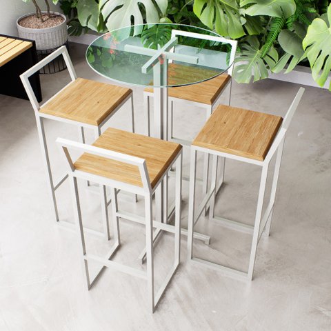 Conjunto Mesa Alta Bar Bistrô Redonda Vidro 4 Banquetas Confort Pinus Industrial White Don Castro De