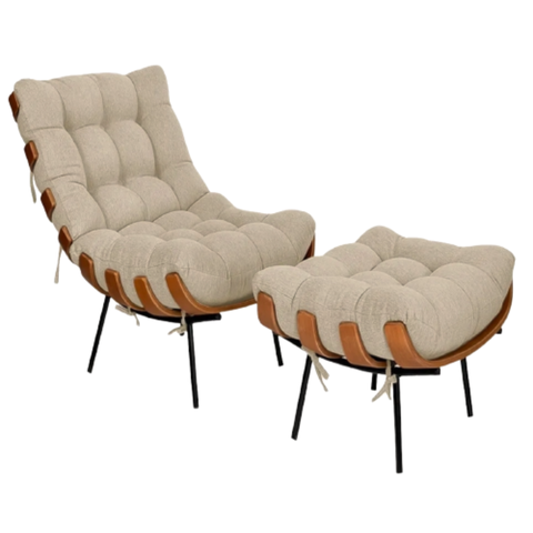 Poltrona Costela com Puff Linho Bege para Sala Quarto Luxo