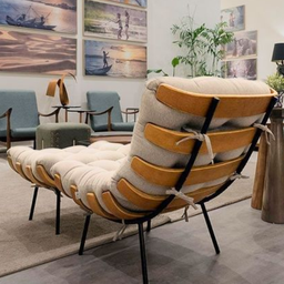 Poltrona Costela com Puff Linho Bege para Sala Quarto Luxo - 4