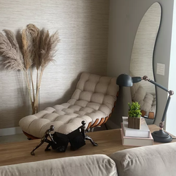 Poltrona Costela com Puff Linho Bege para Sala Quarto Luxo - 2