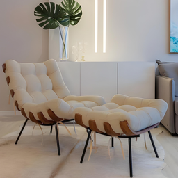 Poltrona Costela com Puff Linho Bege para Sala Quarto Luxo - 3