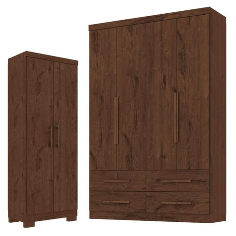 Guarda Roupa Solteiro Maximus 4 Portas com Armário Multiuso Max Plus Jacarandá Fosco-Zanzini