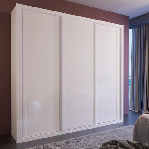 Guarda Roupa Casal Torino 3 Portas de Correr 4 Gavetas MDF Branco Bom Pastor Móveis 205cm