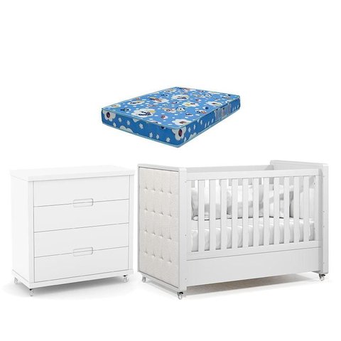 Berço Americano com Capitonê New Boucle e Cômoda Gaveteiro Infantil Tutto New Branco Acetinado e Col