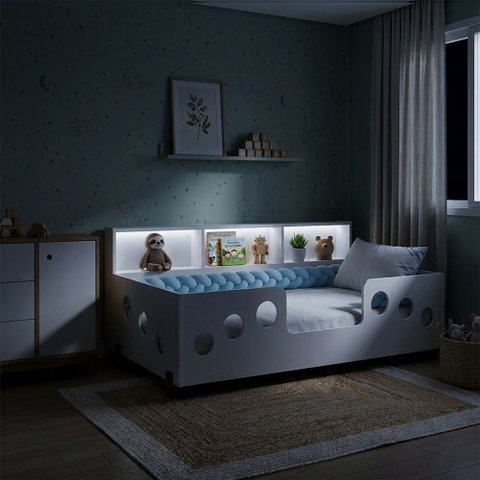 Cama Completa Lanna com Colchão Exonval Trança Azul 2,5m para Quarto Infantil com Lousa Mágica