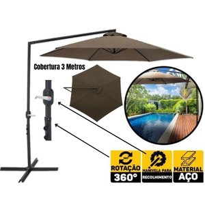 Ombrellone Guarda Sol Suspenso Veneza 3 Metros Bel Marrom P/ Piscina e Varanda com Base em Cruz Incl