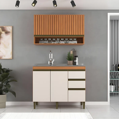 Cozinha Modulada Cecília 120cm Freijó/Off White MDP com 3 Portas e 3 Gavetas - J Carvalho